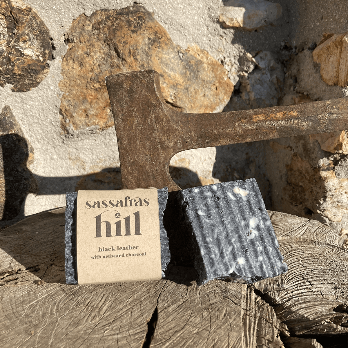 Rugged bar soap body bar with activated charcoal and leather scent, made by Sassafras Hill