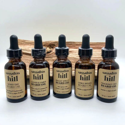 Conditioning natural beard oils made by Sassafras Hill