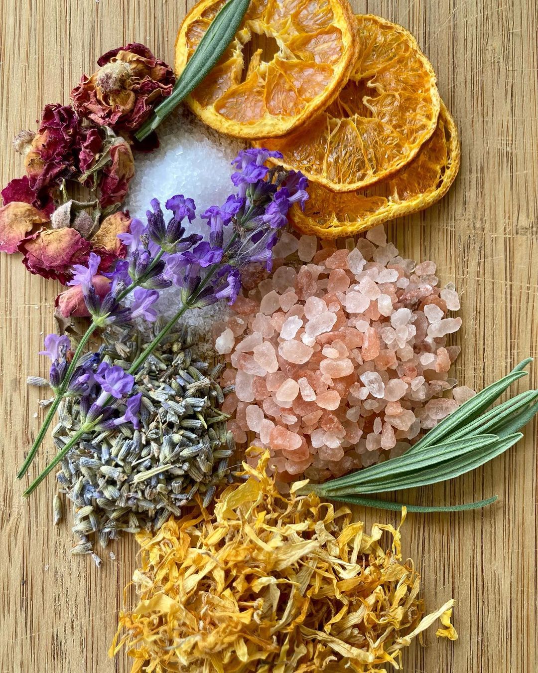 Botanicals, minerals and salts used in making handcrafted bath and body products at Sassafras Hill homestead