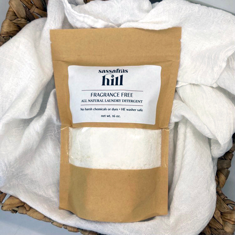 Handmade all-natural, fragrance free laundry detergent, made by Sassafras Hill