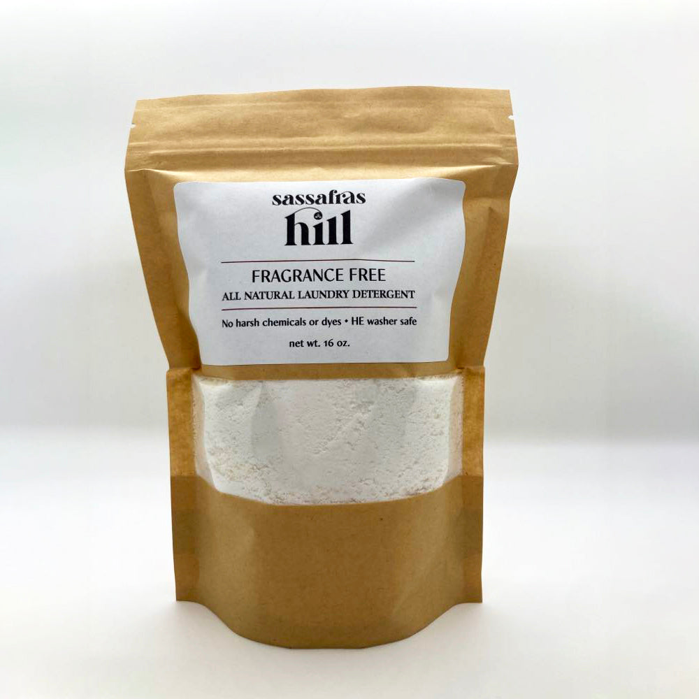 Package of handmade all-natural, fragrance free laundry detergent, made by Sassafras Hill