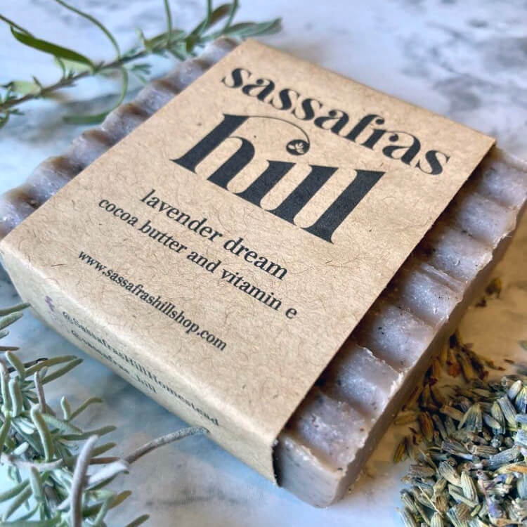 Handcrafted soap bar, lavender and cocoa butter made by Sassafras Hill