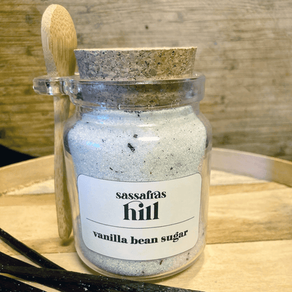 Closed decorative jar of Vanilla Bean Sugar by Sassafras Hill