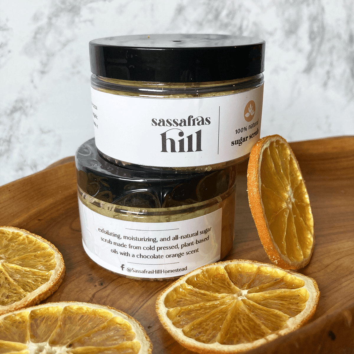 Chocolate Orange scented natural exfoliating sugar scrub with cocoa butter and vitamin e, made by Sassafras Hill